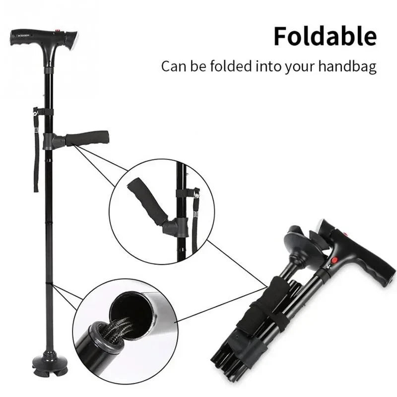 Smart LED Safety Cane – Foldable Telescopic Walking Cane with Alarm