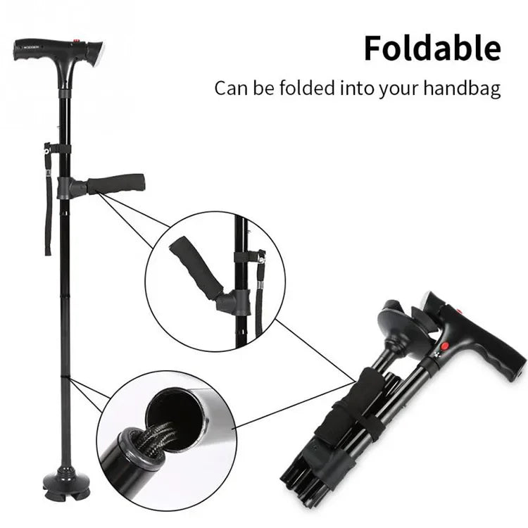 Smart LED Safety Cane – Foldable Telescopic Walking Cane with Alarm