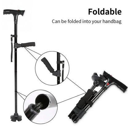 Smart LED Safety Cane – Foldable Telescopic Walking Cane with Alarm